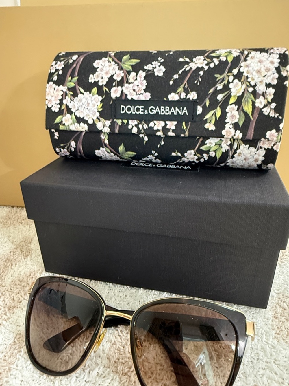 Dolce & Gabbana Black Floral Sunglasses with Gold Accents